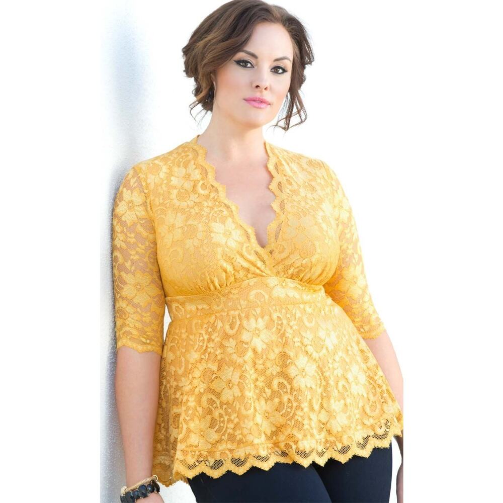 Kiyonna Top Linden Lace Style Yellow 4X Empire Waist Romantic Spring Feminine